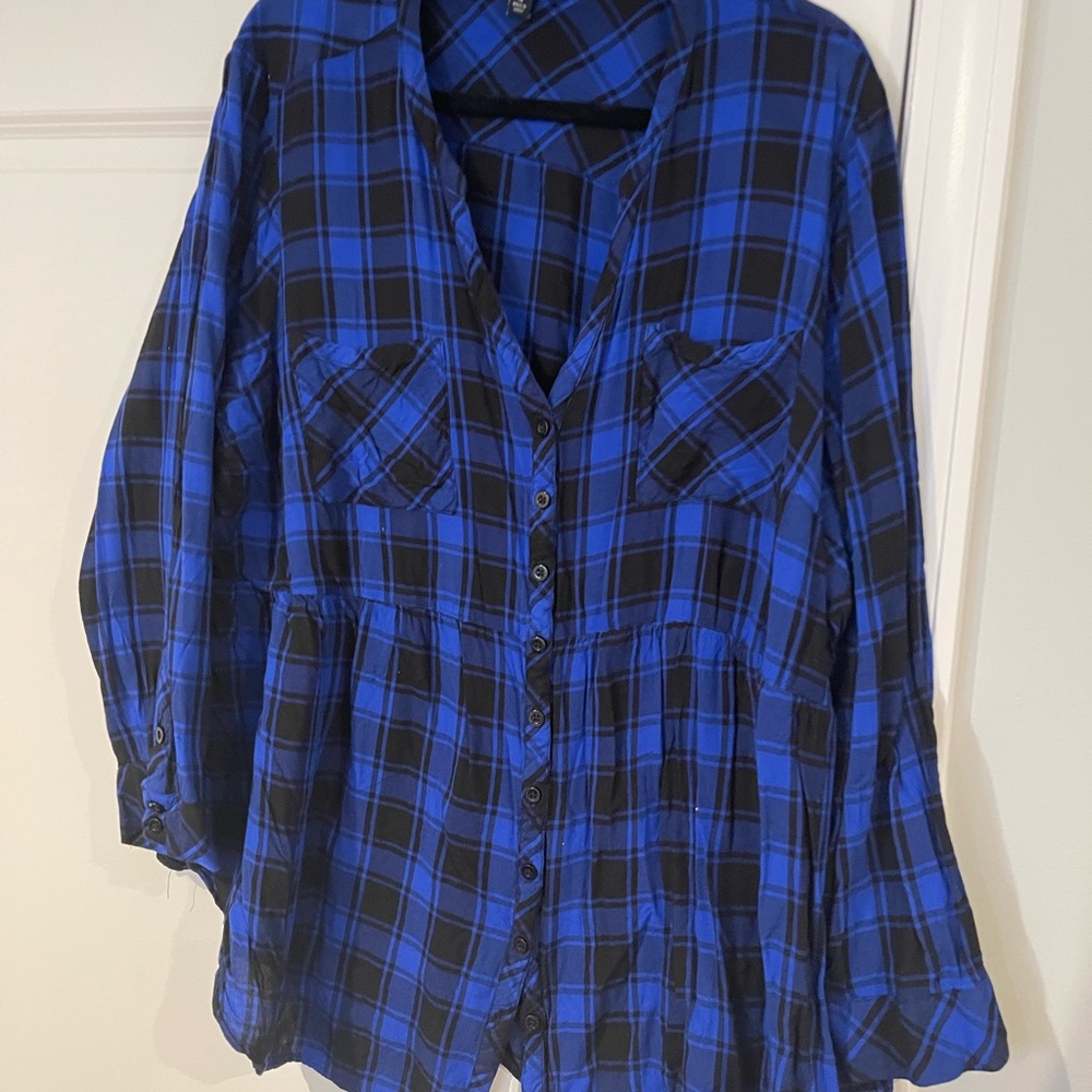 Blue and Black Plaid Button-Up Shirt
